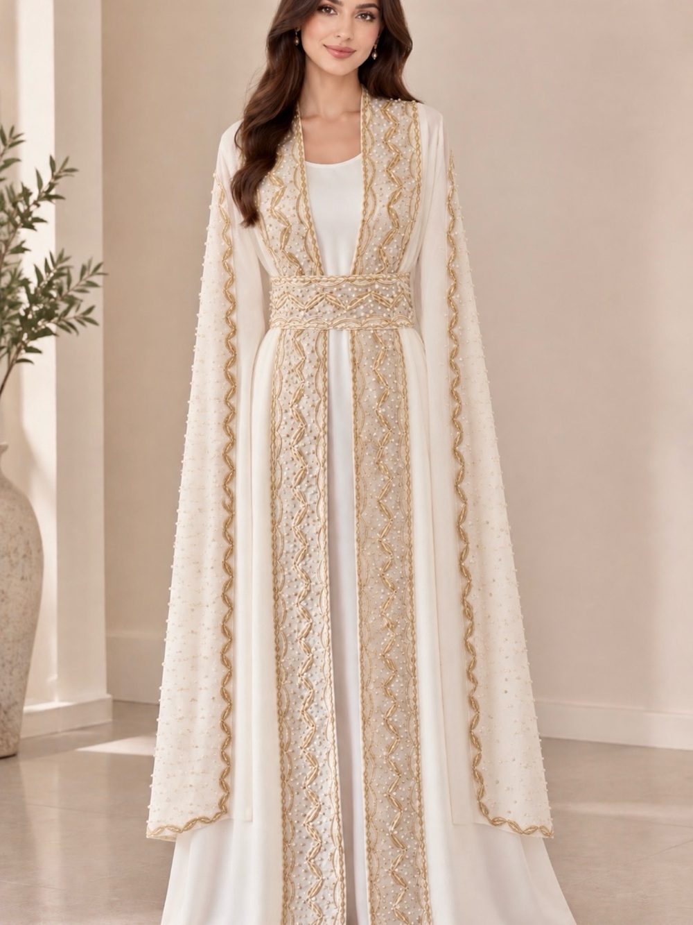 New White and Gold Embroidered and Pearl Beads Moroccan Kaftan Takchita.Size M/L